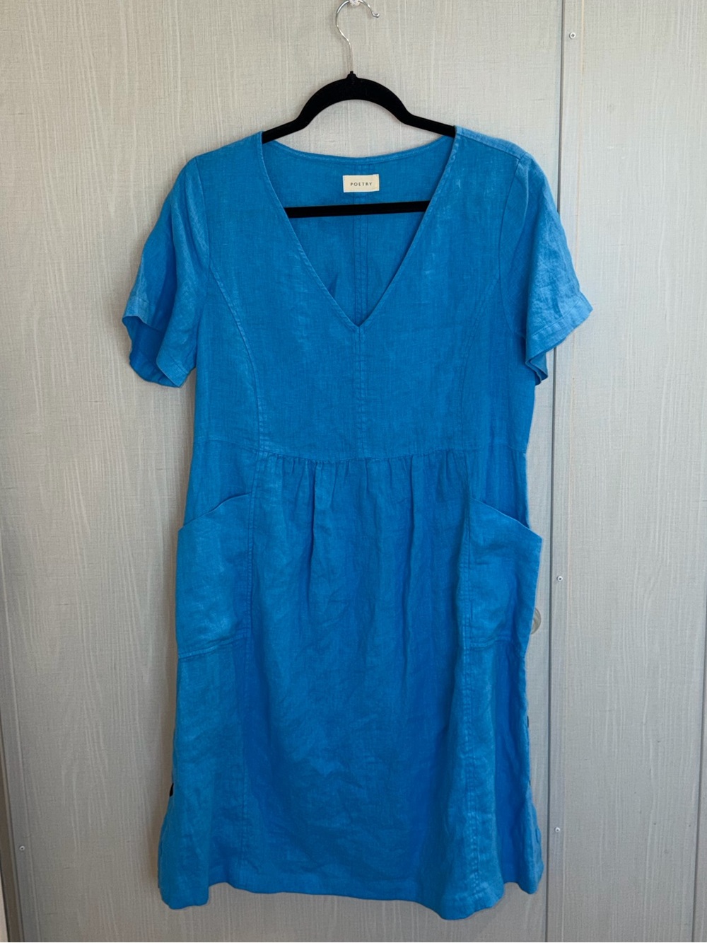 Poetry Linen Midi Dress Peacock V-Neck Pockets Lagenlook US 8 UK 12